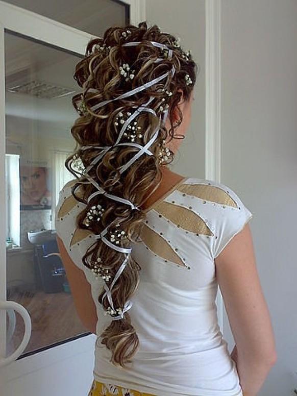 Loose Curly Ponytail Wedding Hairstyle With Ribbon And Baby's Breath ...