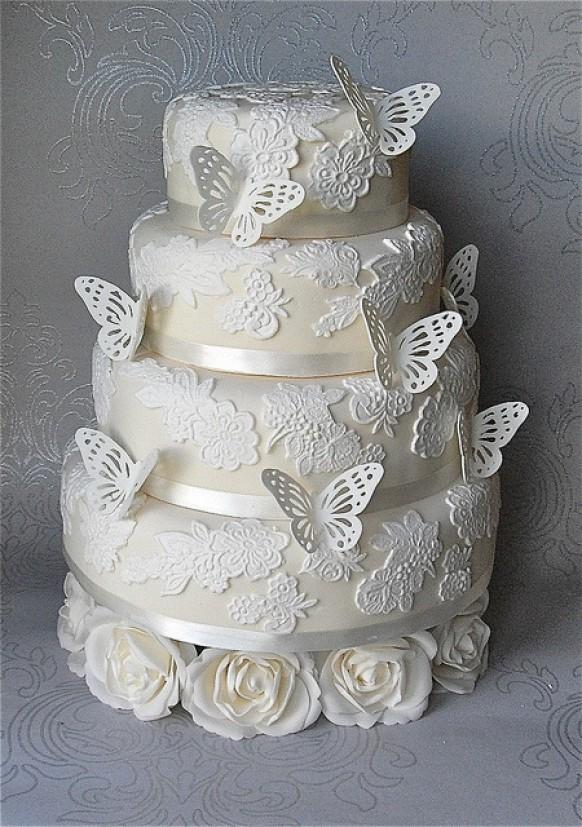 wedding photo - Butterfly Lace White Wedding Cake 