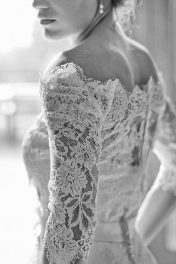 wedding photo - French Lace Off-The-Shoulder Scalloped Neckline Wedding Dress With 3/4 Sleeve 