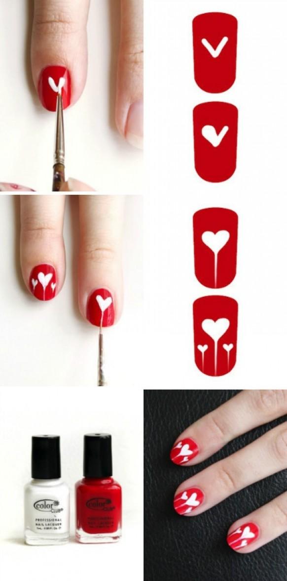 wedding photo - Decorate your nails with white hearts on red beackground