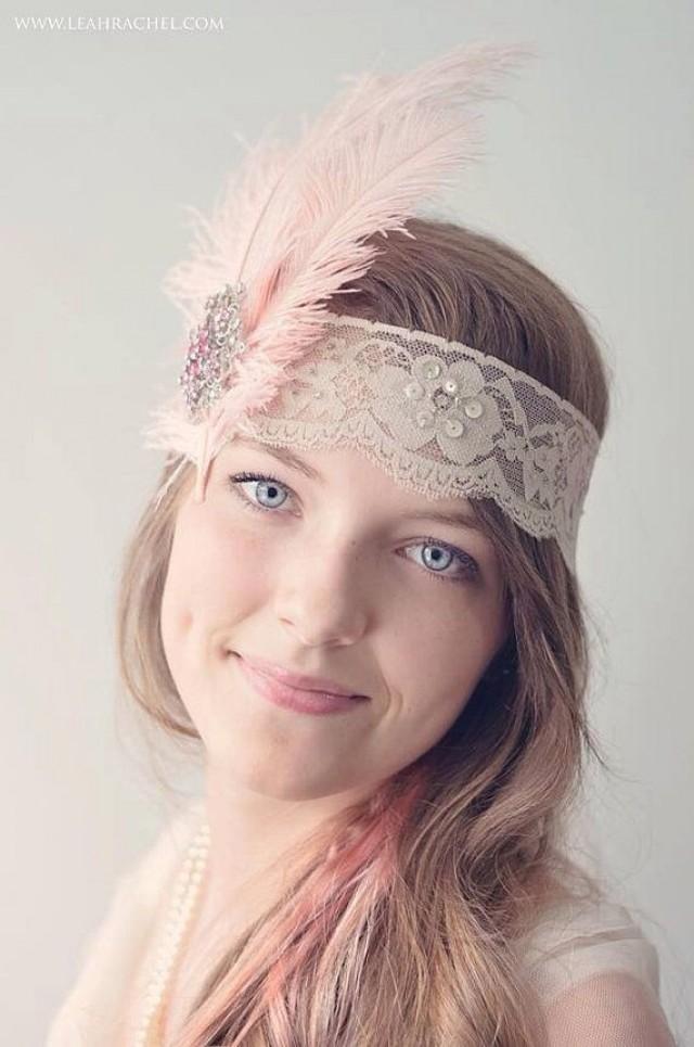 wedding photo - Grande style casque Gatsby, Belle bande Taupe avec des plumes roses et un strass Broche prêt à expédier par Ruby et de modes de 