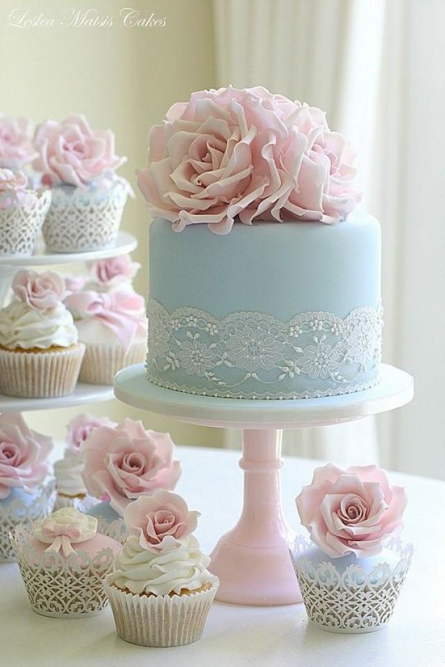 wedding photo - Pastel blue wedding cake with pink roses and lace
