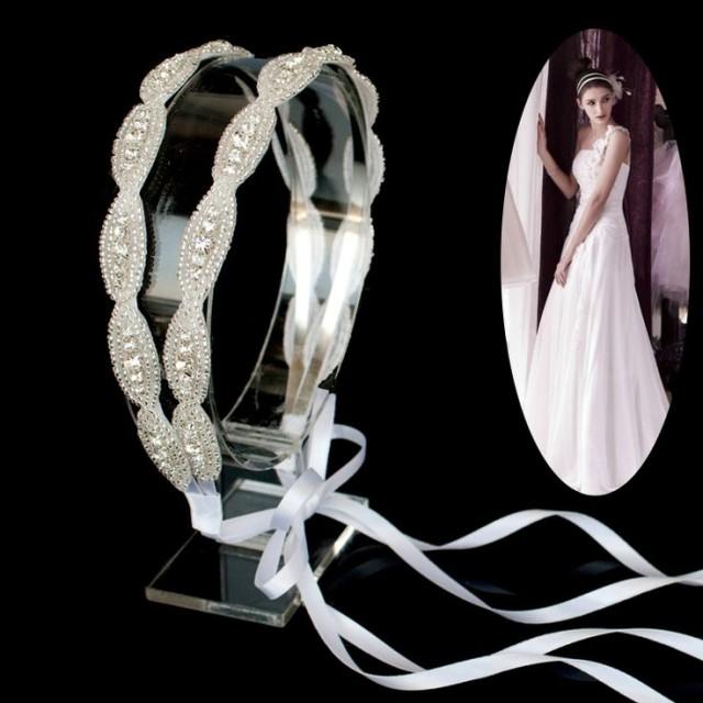 wedding photo - Double Rhinestone Lace Headband Wedding Bridal Bridesmaids Headpiece Hair Acc