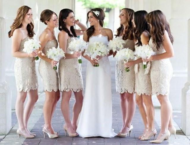 wedding photo - Short Lace Bridesmaid Strapless Dress complementing the bride.