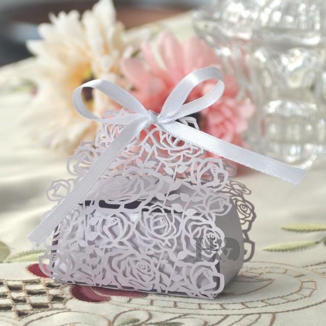 wedding photo - 36pcs Lilac Rose Shaped Candy Boxes With Ribbons Wedding Favor Party Gift Boxes