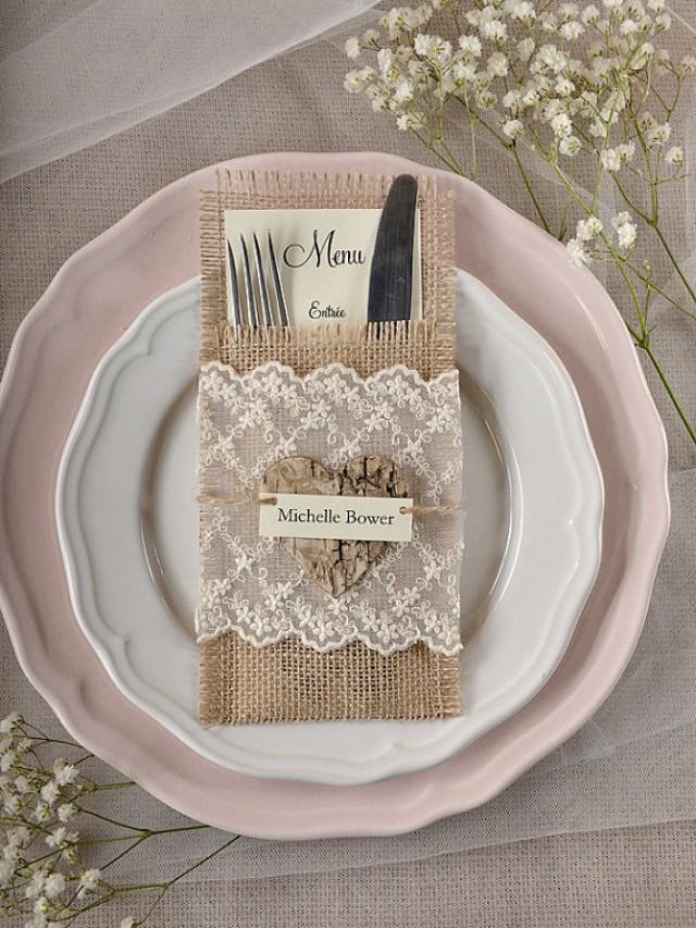 Custom Listing (10) LACE Silverware Holders, Rustic Burlap Silverware