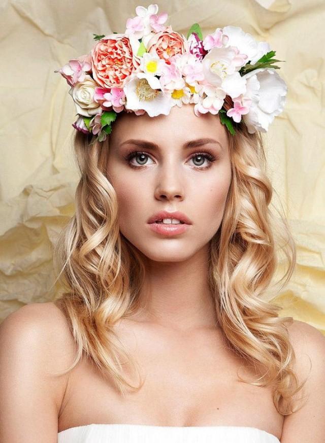 wedding photo - Bridal Floral Wreath Handmade Flower Crown Headband Hairpiece made  from clay - New