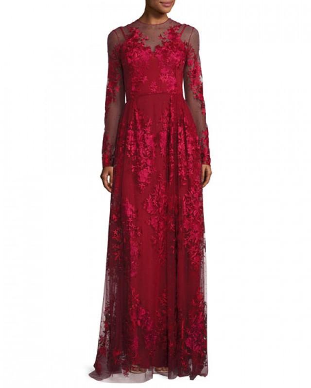 Floral-Embroidered Long-Sleeve Gown, Scarlet