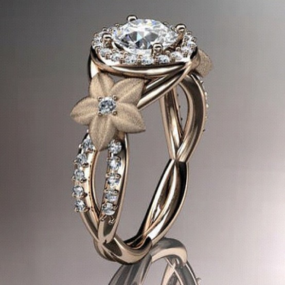Mariage - Rose Gold Diamond Wedding Ring Leaf et la vigne