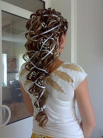 Wedding - Loose Curly Ponytail Wedding Hairstyle with Ribbon and Baby's Breath 
