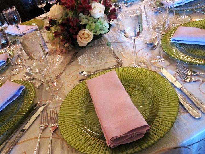 Hochzeit - pink, green, table setting, place setting, glassware