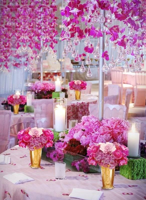 Wedding - Hanging Pink Flowers and Chandelier Glass Droplets ♥ Pink Dream Wedding Decoration 