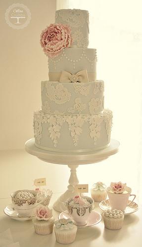 Wedding - Peony & Lace Wedding Cake