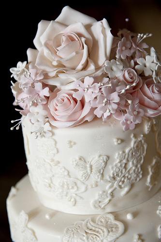 Wedding - Three Tier Ivory And Pink Lace Rose Cake