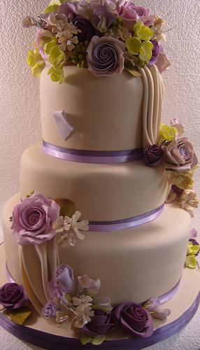 Wedding - Taupe Wedding Cake With Purple Roses