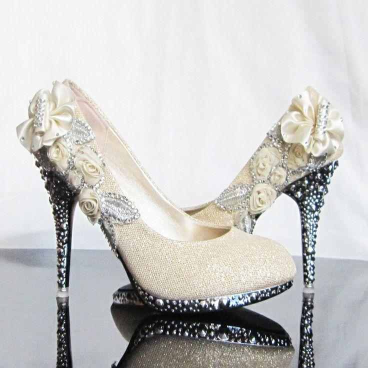 Wedding - Ivory and black glittering high heels shoes