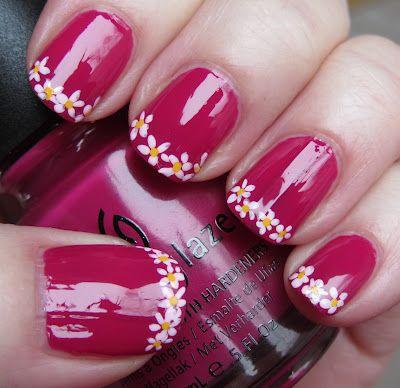 زفاف - Red nail art with white daisies