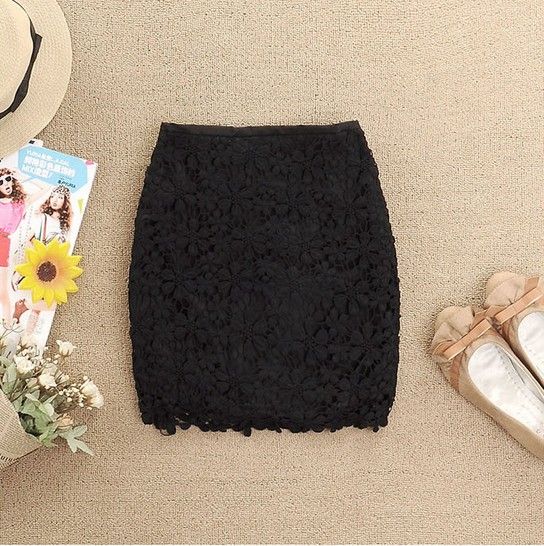 Wedding - Black A-line Flowers Crochet Skirt - Sheinside.com