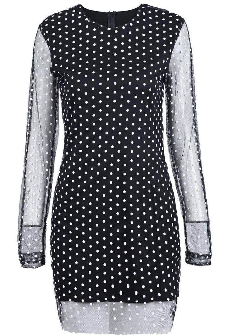 زفاف - Black Contrast Sheer Long Sleeve Polka Dot Dress - Sheinside.com