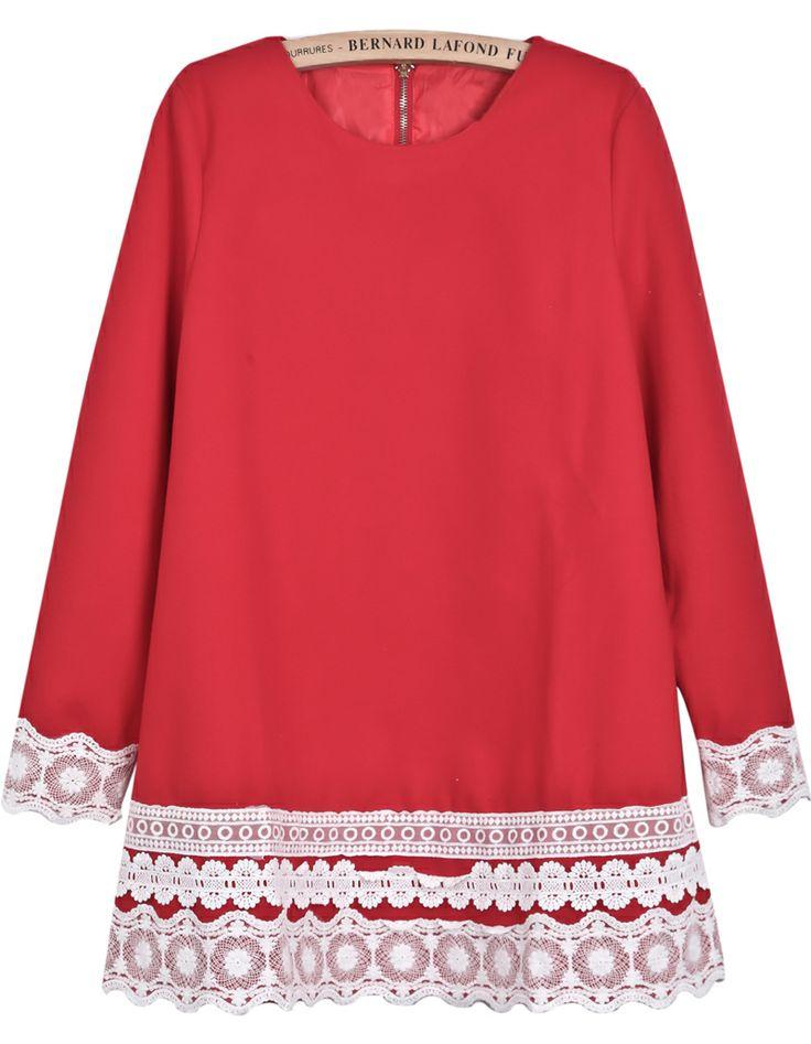 زفاف - Red Long Sleeve Contrast Lace Loose Dress - Sheinside.com
