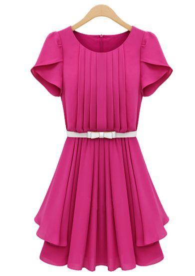 Mariage - Rose Red Ruffles Short Sleeve Pleated Chiffon Dress - Sheinside.com