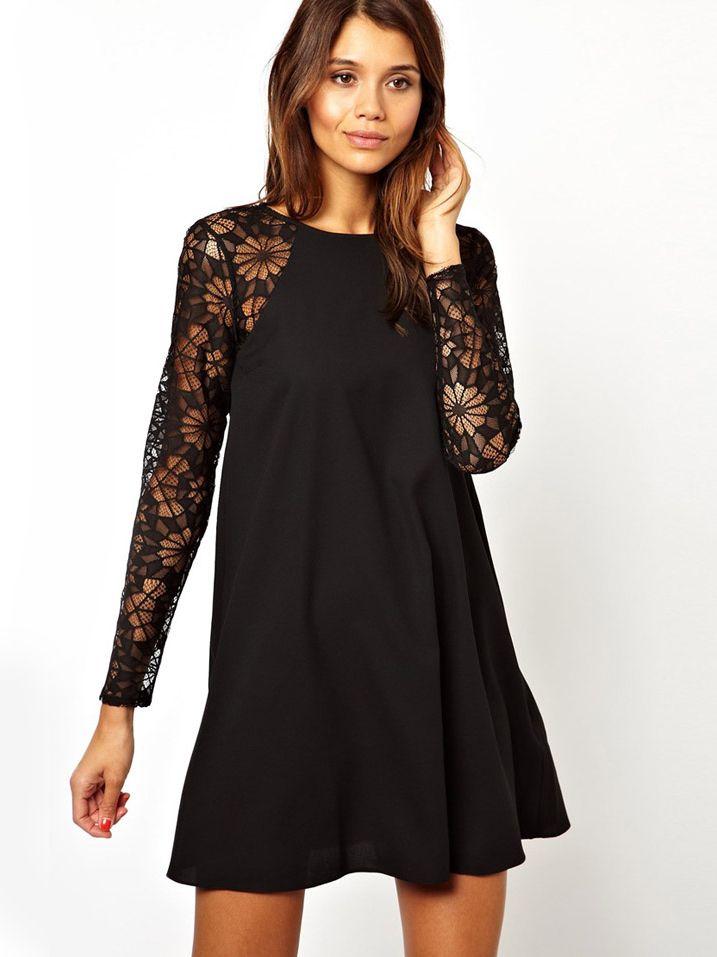 Свадьба - Black Contrast Lace Long Sleeve Chiffon Dress - Sheinside.com