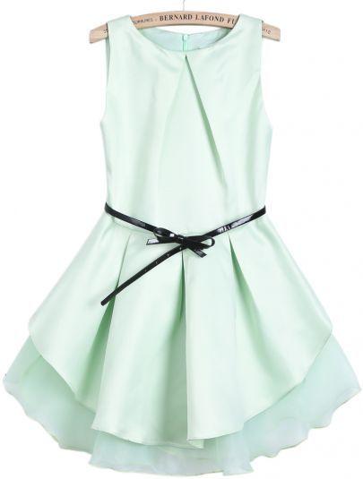 زفاف - Green Sleeveless Contrast Mesh Yoke Ruffle Dress - Sheinside.com