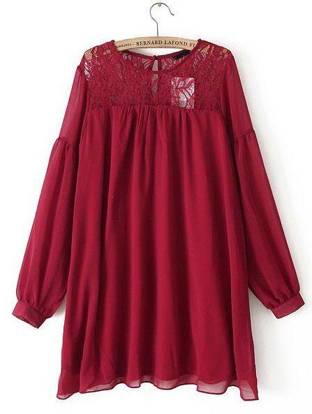 زفاف - Wine Red Long Sleeve Contrast Lace Chiffon Dress - Sheinside.com