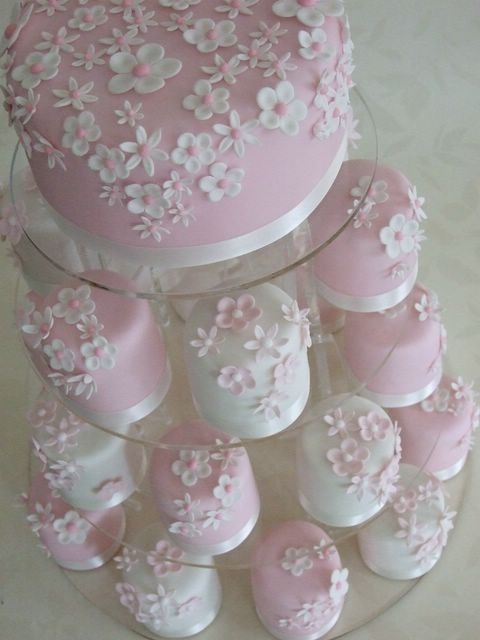 Wedding - Wedding cake tower with pink cake and cupcakes