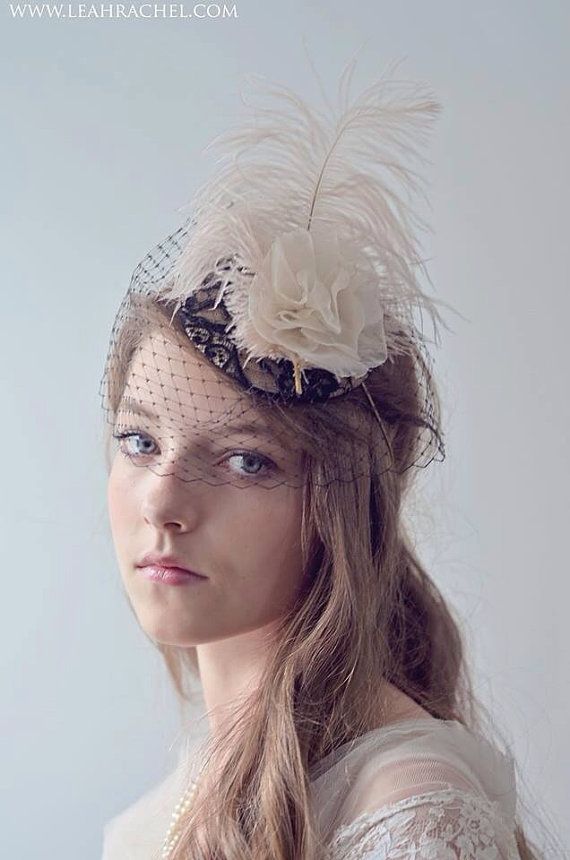 Wedding - French Lace Fascinator Hat, Blush Colored Feather, Hand Pressed Flower, Ready To Ship By Ruby & Cordelia's Millinery