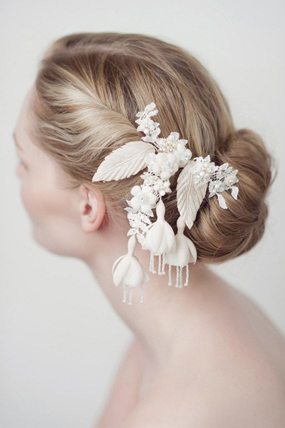 Wedding - Eugenia Hair Comb - Wedding Floral Headpiece, Bridal Comb, Lace, Ivory, Pearls