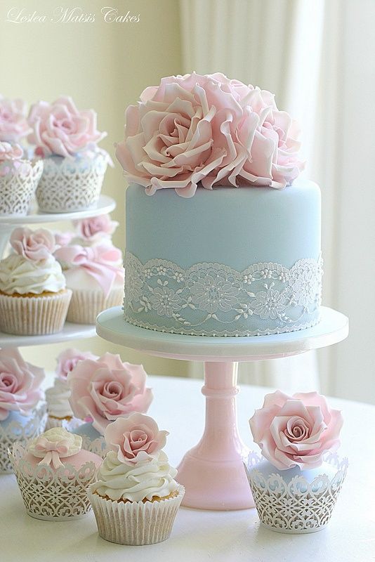 Wedding - Pastel blue wedding cake with pink roses and lace