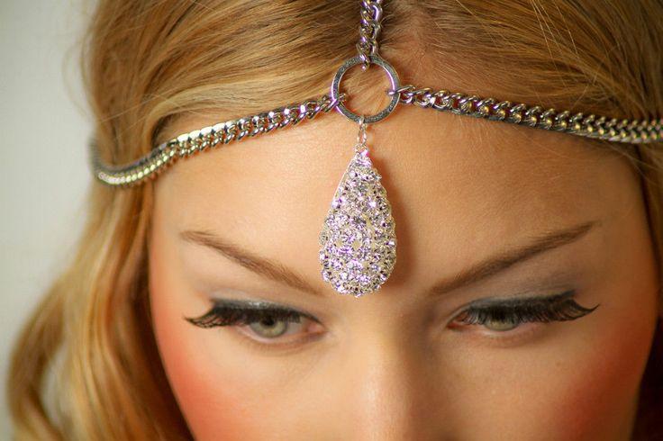 Wedding - Silver Crystal Charm Chain Grecian Style Headband