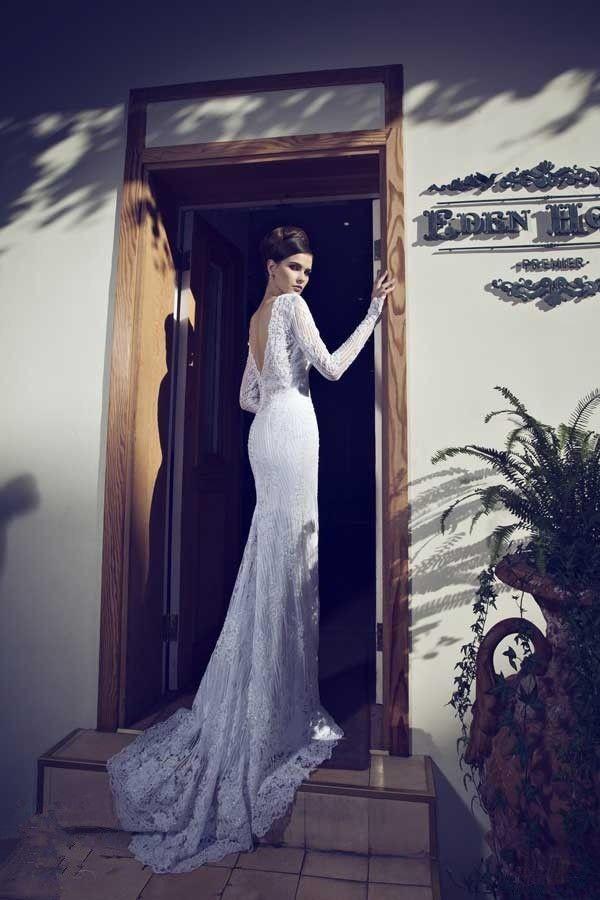 زفاف - 2014 جديد غمد طويلة الأكمام الرباط الزفاف فستان الزفاف ثوب الحجم مخصص