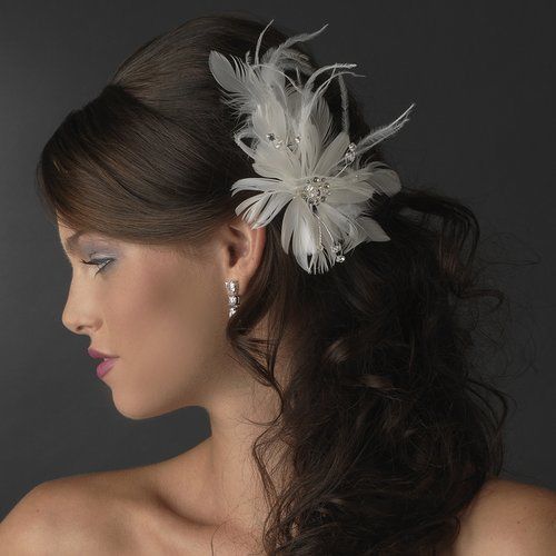 Wedding - White Bridal Feather & Rhinestone Fascinator Bridal Wedding Comb
