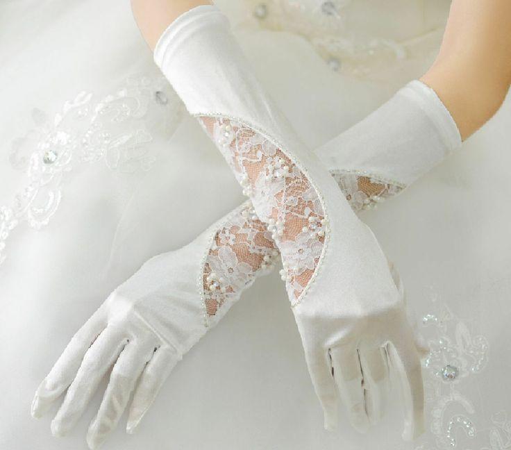 Wedding - Elegant Faux Pearl Off White Lace Wedding Brides Satin Long Gloves