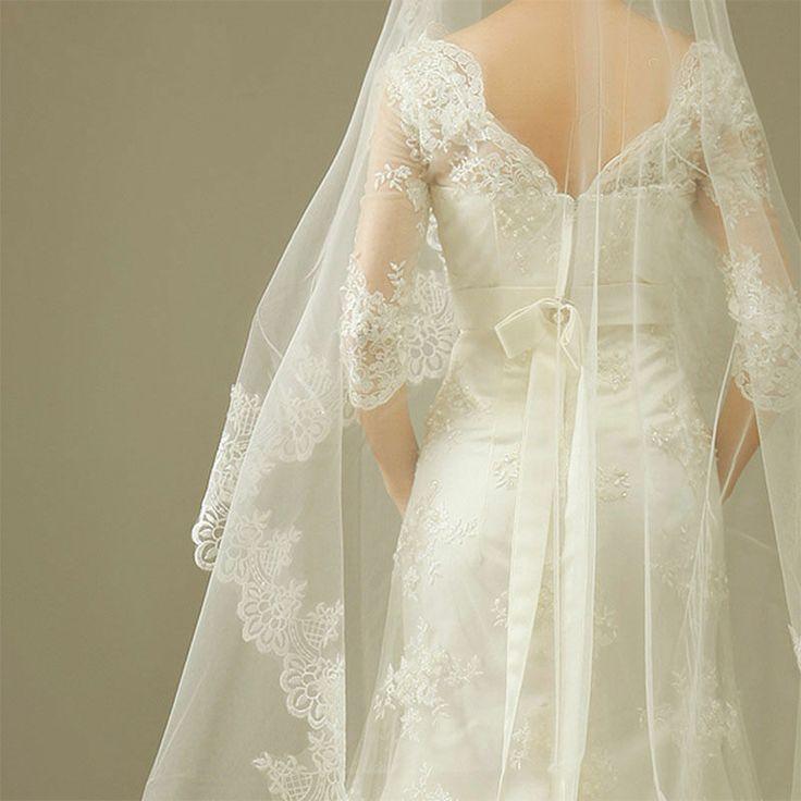 Mariage - 1T Blanc Ivoire Dentelle élégante Bord de mariée mariage robe de cathédrale Veil