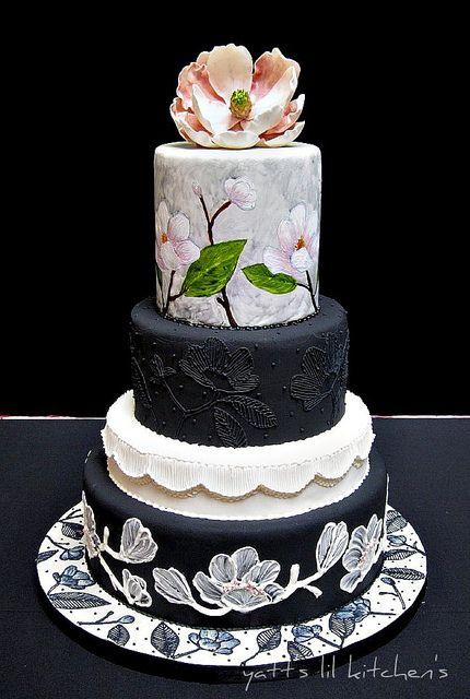 Wedding - Black and white Wedding cake with hand-paintings