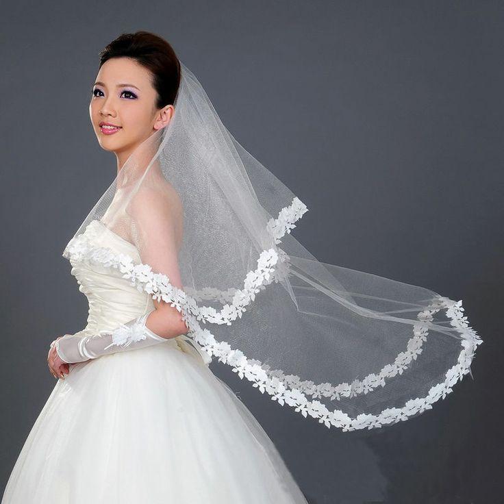 Wedding - Super Tulle Lace Applique Embroidered Edge Bridal Mantilla Wedding Veil Romantic