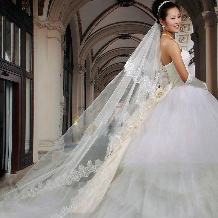 Wedding - Wedding White Ivory floor length Veil with the strapless gown.