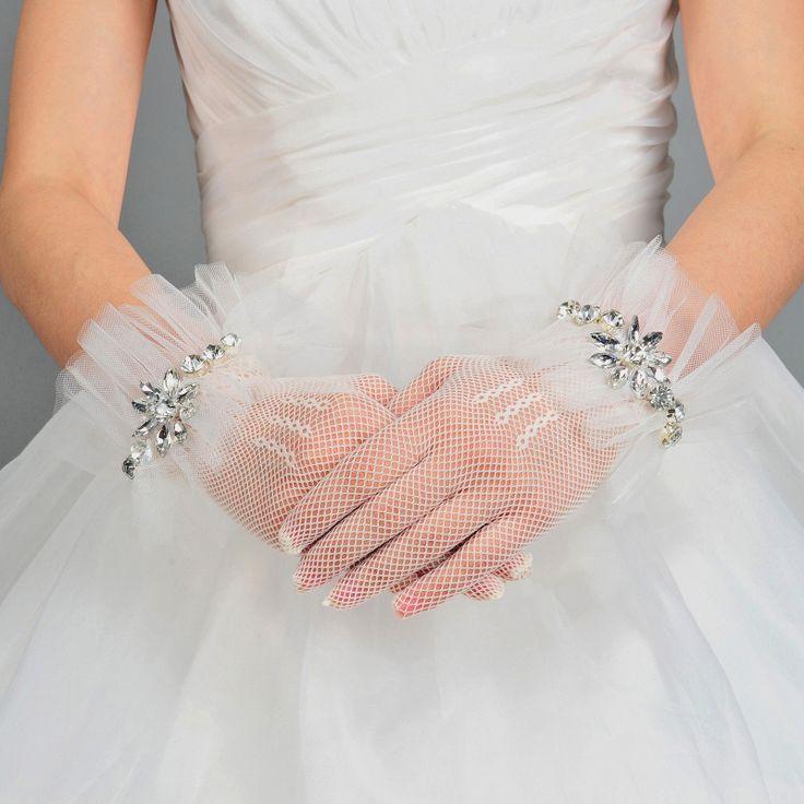 زفاف - بيضاء لدنة والنسيج الحريري المعصم طول اصابع الاتهام الزفاف قفازات W / الراين