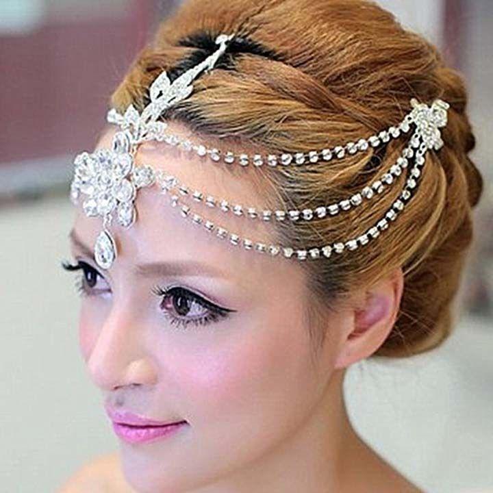 Wedding - Bridal Rhinestone Crystal Dangle Topknot Forehead Maang Tikka.
