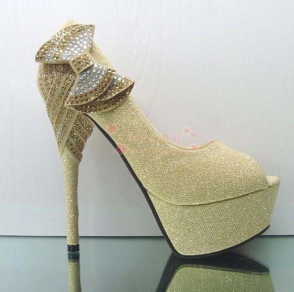 Wedding - Gold Evening Party Crystal Bead Bows Platform Stilettos Open Toe Wedding Shoes