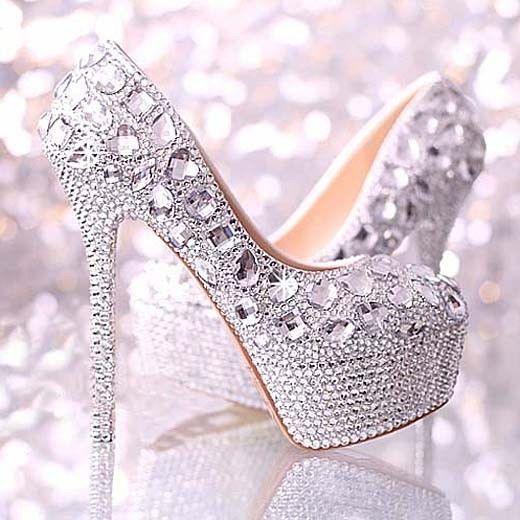 Свадьба - Блестящий Серебряный Ручной Алмазный Бисера Горный Хрусталь Свадебные Туфли На Высоких Каблуках