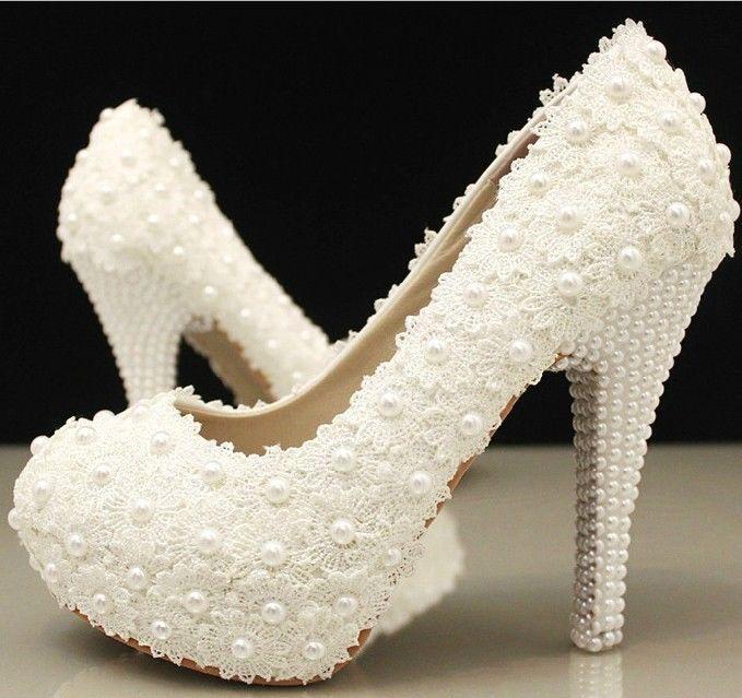 Wedding - Handmade Ivory Lace Platform Wedding Bridal Shoes with Pearls Heels.
