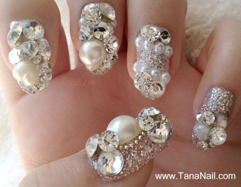 Mariage - Japonais 3D Nail Art, Presse sur les ongles, faux ongles - Belles bouts d'ongle de diamant d'argent Strass (T087K)