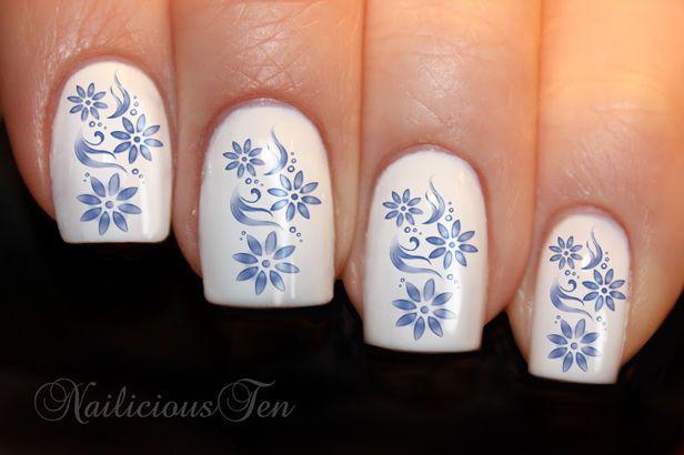 Wedding - Fab Blue Daisy Flowers Nail Water Wrap Art Decal Transfer 21pcs