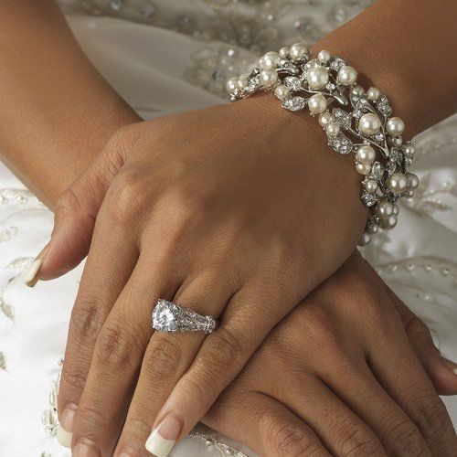 Wedding - New! Light Ivory Pearl And Rhinestone Silver Bridal Wedding Stretch Bracelet