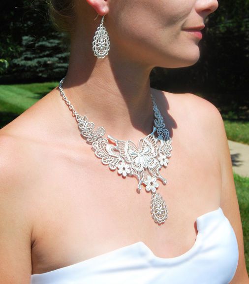 Hochzeit - Lillian Rose Silver Butterfly Vintage Bridal Necklace And Earrings Set