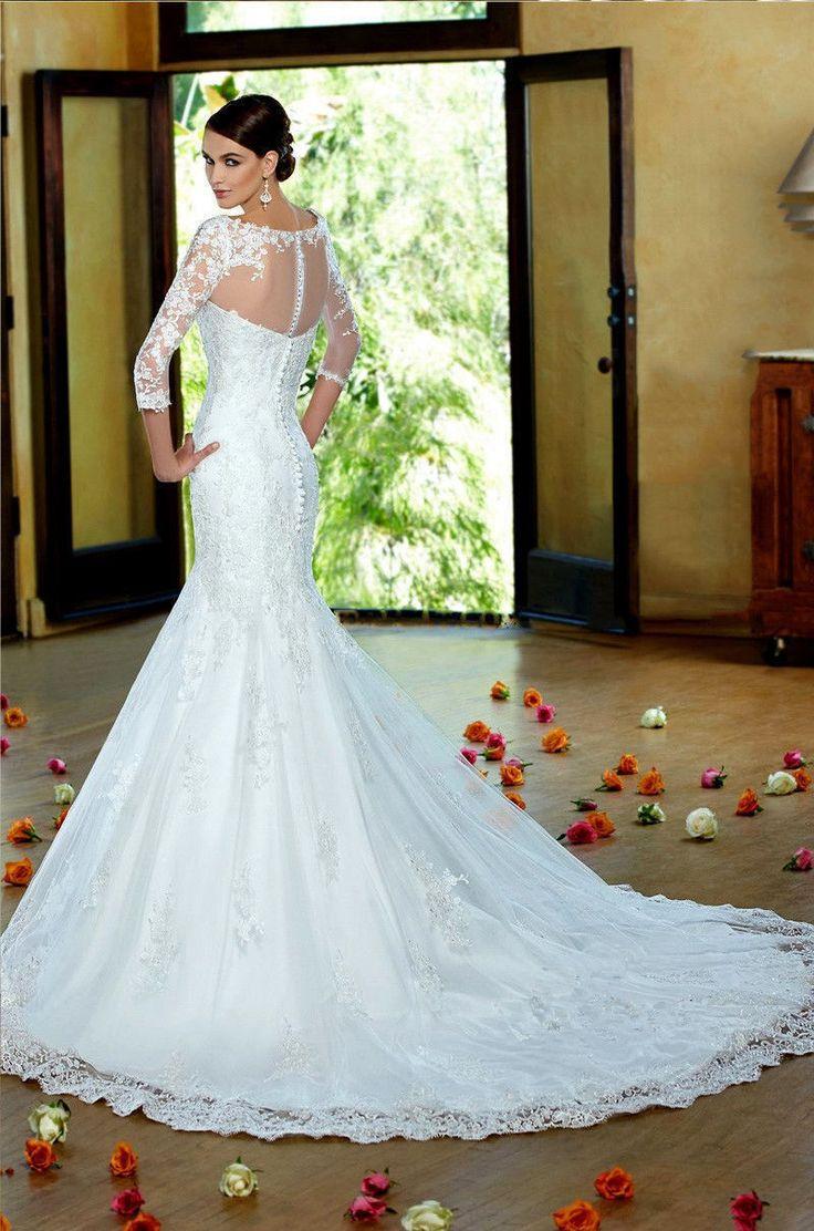 Wedding - White Ivory Mermaid Wedding Dress Lace Bridal Gown Custom Size 4 6 8 10 12 14 16